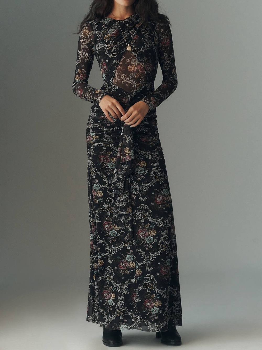 AFRM Daysa Ruched Mesh Maxi Dress Black Floral Sheer Long Sleeve Size M